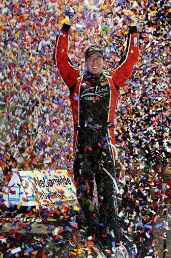 Kyle Busch celebrates back-to-back wins at after winning Friday night’s NASCAR Camping World Truck Series Ford 200 and then Saturday’s NASCAR Nationwide Series Ford 300 at Homestead-Miami Speedway in Florida. Credit: Jerry Markland/Getty Images for NASCAR